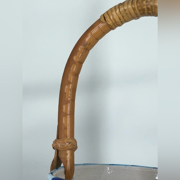 Art Pottery Basket Bamboo Handle Signed “Stevens” Painted Flowers Pansies - Picture 10 of 16